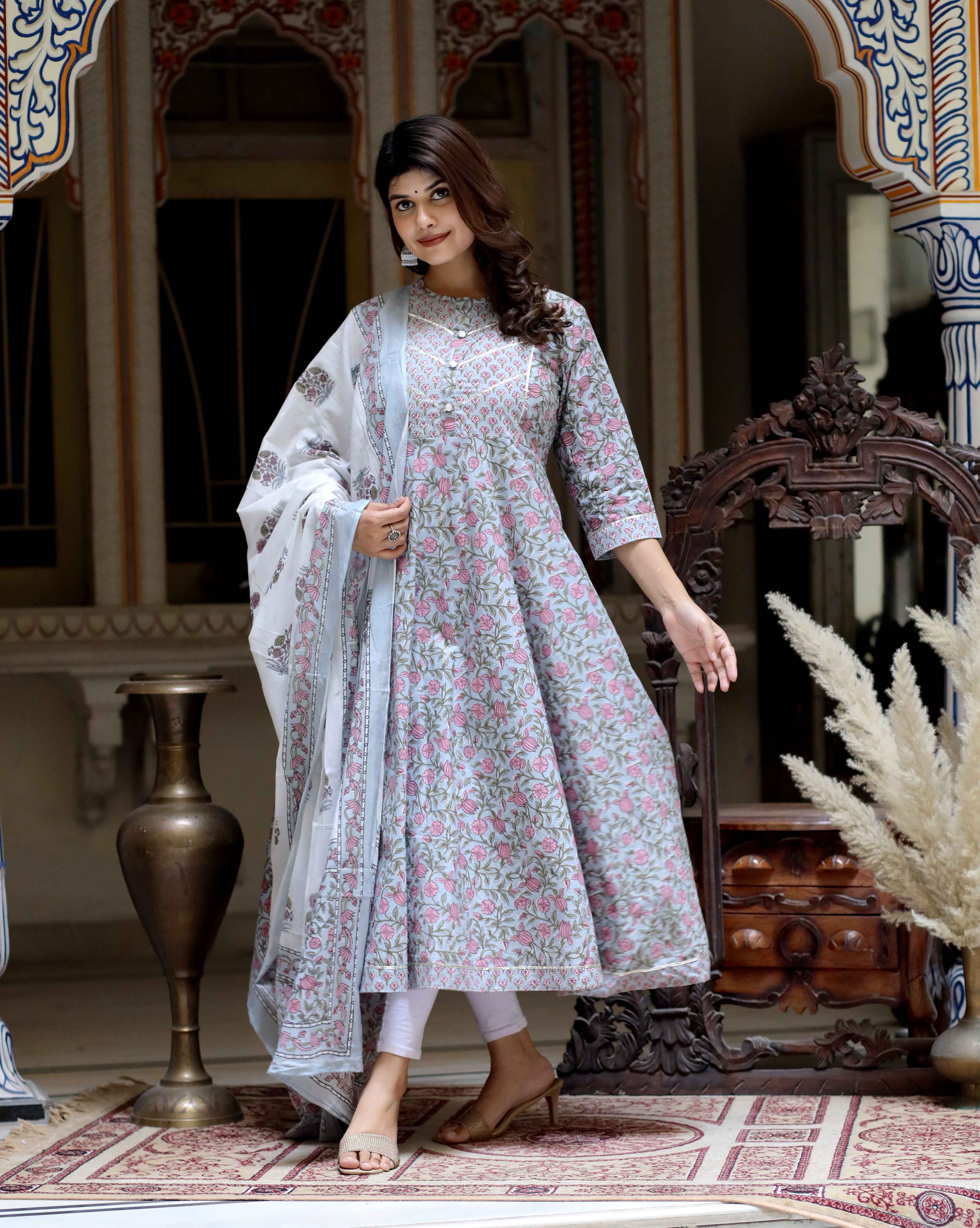 Blue Cotton Anarkali Kurta with Gota Work & Floral Dupatta Set